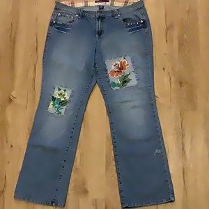 Mwah 14W Tall Long Jeans Mid Rise Straight Leg Hippie Patches Pants 14 x 32